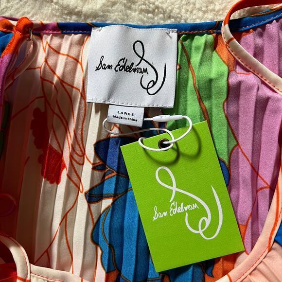 NWT Sam Edelman Retro Multicolor Floral Plisse Midi Flowy Dress Belted Size L - Picture 6 of 9